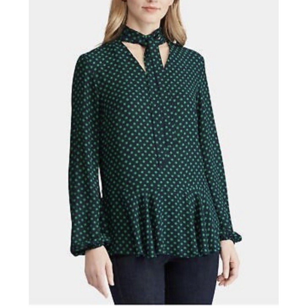 RALPH LAUREN Blouse Womens Size Small  Navy Polka Dot Tie Neck Long Sleeve Top